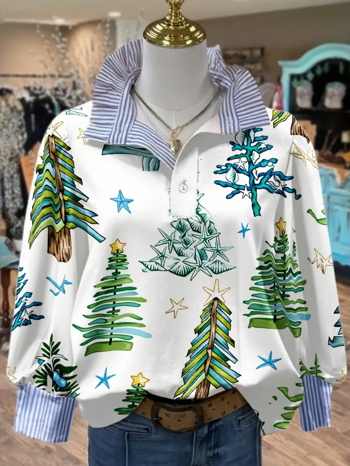 Christmas Women's Top Spring and Autumn Winter Women's Stand up Collar Shirt Long Sleeve, Four season comfortable shirt