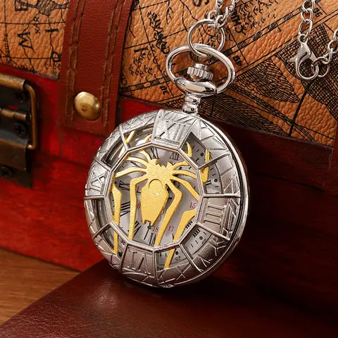 Antique Skeleton Spider Vintage Roman Numerals Quartz Pocket Watch Necklace Pendant Clock Chain Men Women with Chain Gifts
