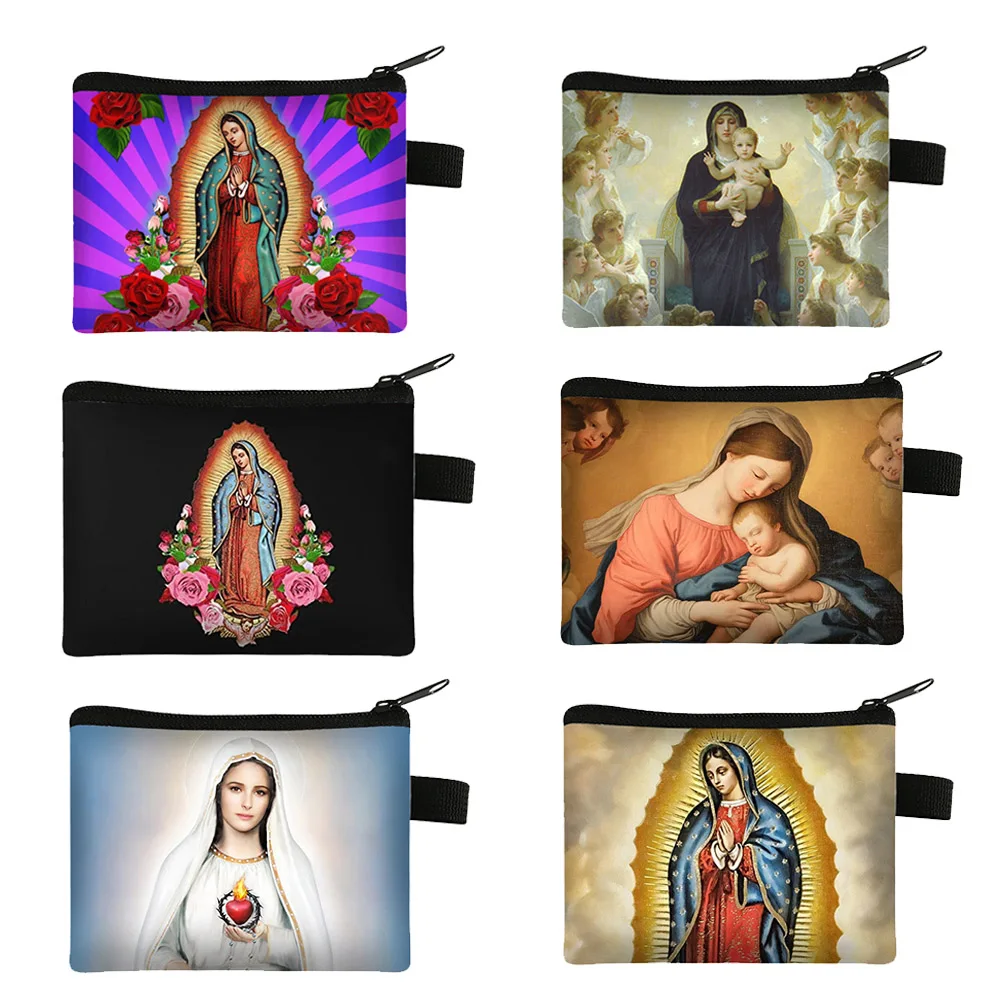 Holy Mary Oil Painting Print Coin Purse Our Lady of Guadalupe Virgin Mary Wallets ID Credit Card Earphones Holder Money Coin Bag