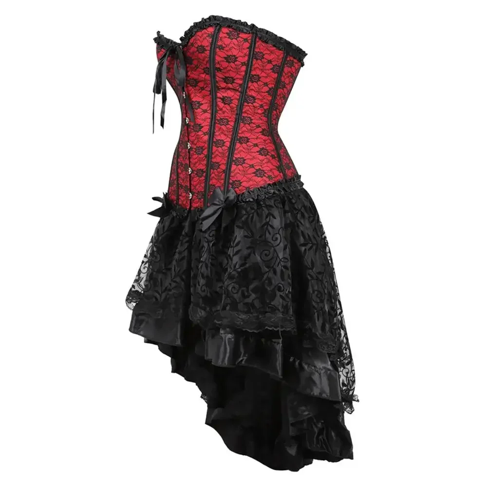 Corset and Skirt Steampunk Gothic Slimming Lace Overlay Bustier Dress Lace Up Boned Korsage Sexy Femme Carnival Party Clubwear