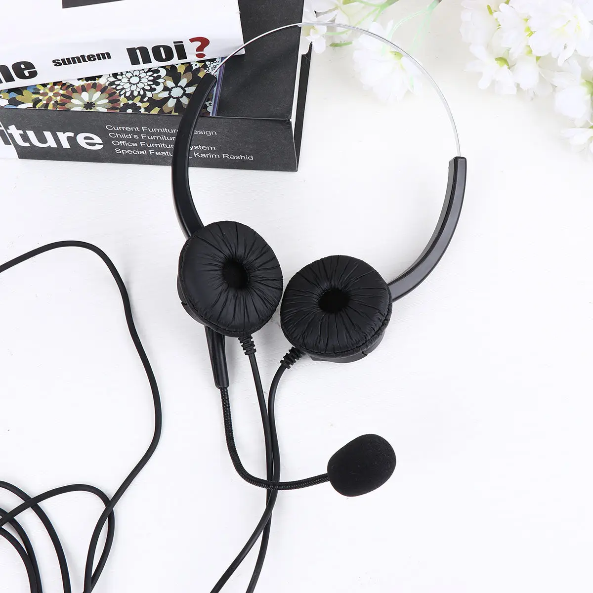 Head-Mounted Microphone Wired USB Black Dual Ear Rotatable Pole Noise Reduction Mic for Telemarketing Sales Store Voice