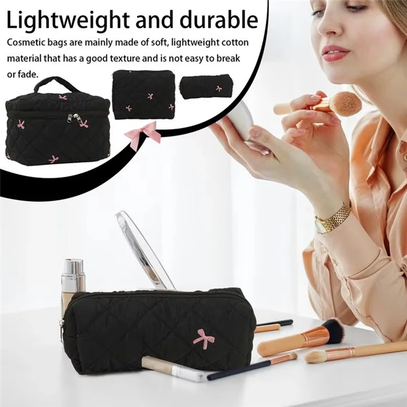 ABVJ-Quilted Makeup Bag 3Pcs Large Capacity Toiletry Pouch Set Portable Cosmetic Zipper Tote Bag For Travel Organizer