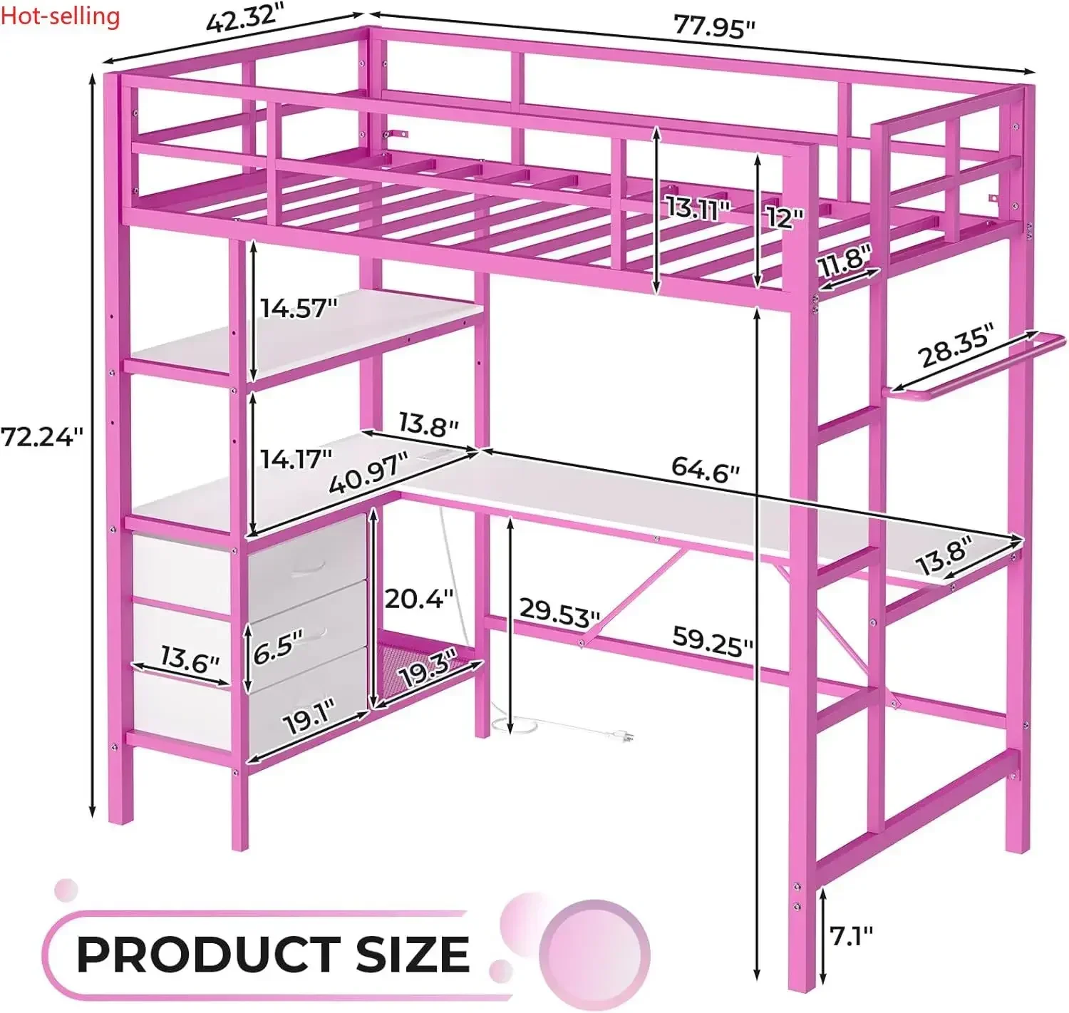 Twin Metal Loft Bed Frame with L-Shaped Desk, LED Lights, Charging Station and 3 Storage Shelves for Kids' Bedroom