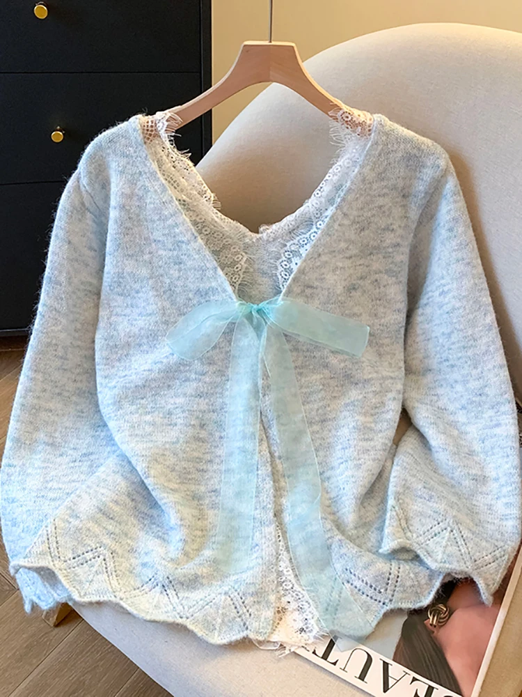 

Lace-up Bow Sweet Knit Sweater Women Autumn Japanese Style Versatile V-neck Pullover Coats Lace Casual Loose Long Sleeve Tops