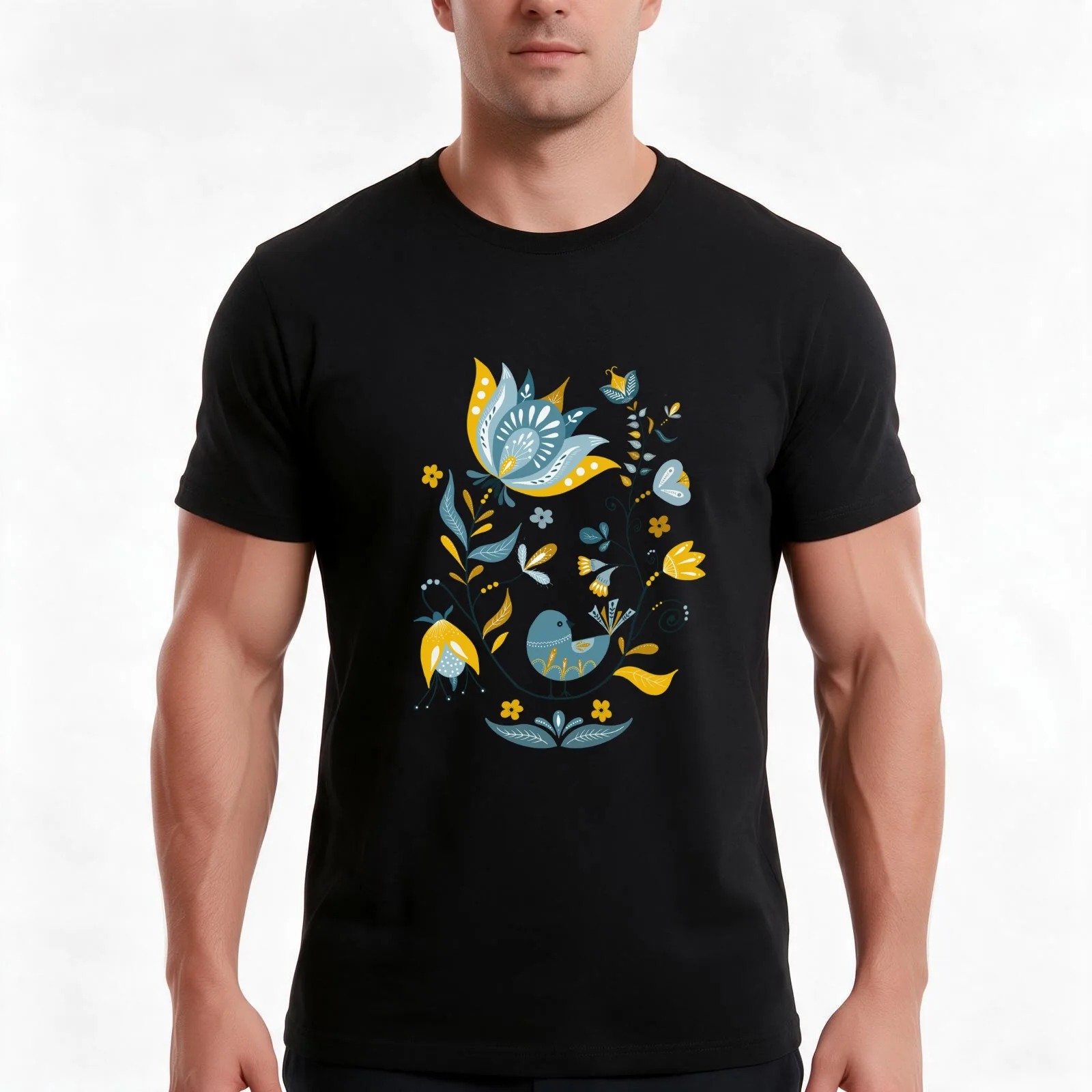 Cute Scandinavian Hand-drawn Folk Art T-Shirt, Summer Casual Cotton Tee, Oversized Streetwear Tops, Vintage Graphic Print