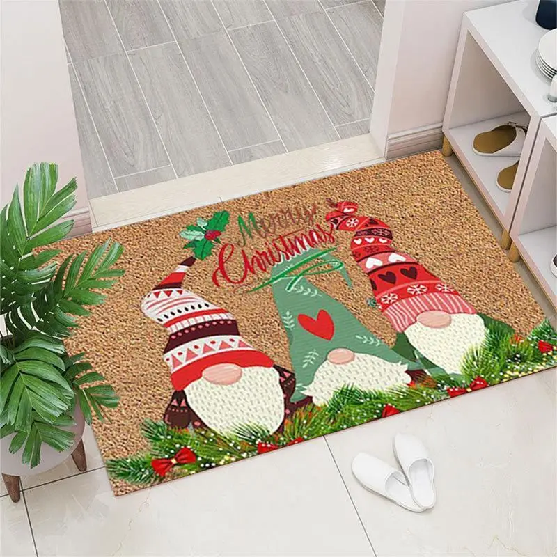 VIKAMA Merry Christmas Gnome Door Mat Rustic Knit Hat Tomte Welcome Rug Pine Branch Entryway Floor Mat Non Slip Decor