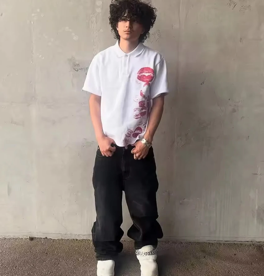 Y2K قميص بولو طباعة روك القوطي المتضخم تي شيرت الهيب هوب زر أسفل طوق قميص فاسق عادية المحملة الحد الأدنى والعصرية