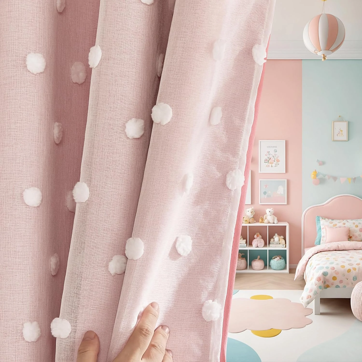 1pc Cream Pom-pom Double-Layer Curtains, Soft Sheer, Princess Style Custom Curtains for Bay Windows & Whole House