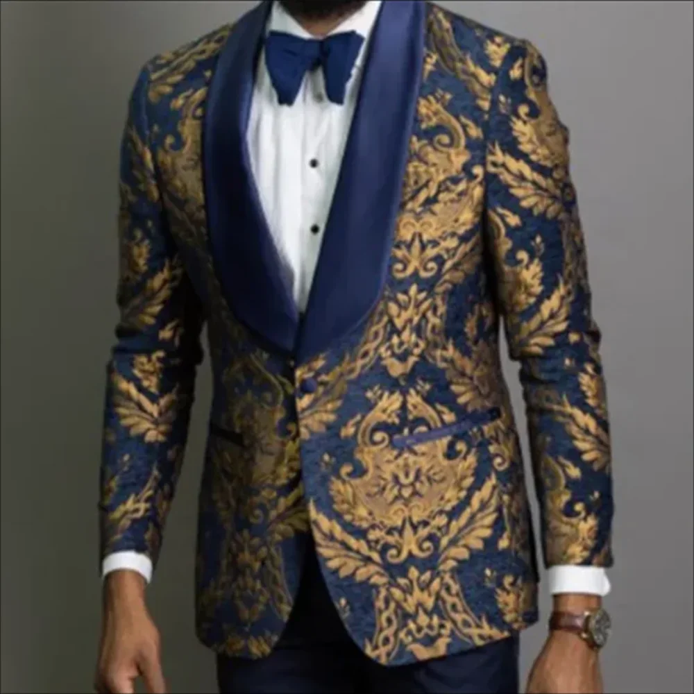 Formal Jacquard Men Jacket Royal Blue Satin Shawl Lapel Single Button Blazer for Men Prom Party Wedding Costume Luxury Blazer