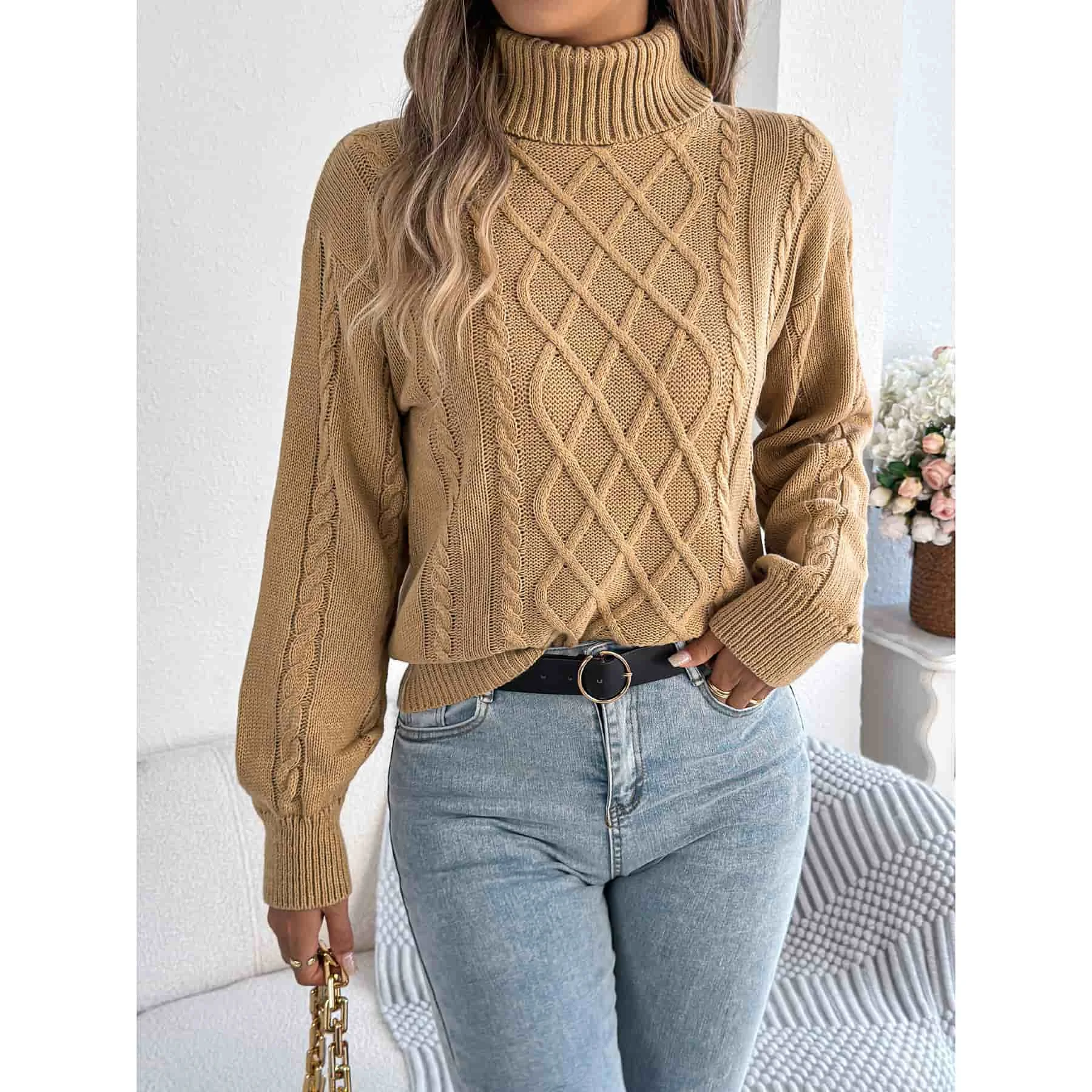 Loose for Fit Solid Color Cable Knit Sweater for Women Featuring Classic Argyle Design and Regular Length for Styling