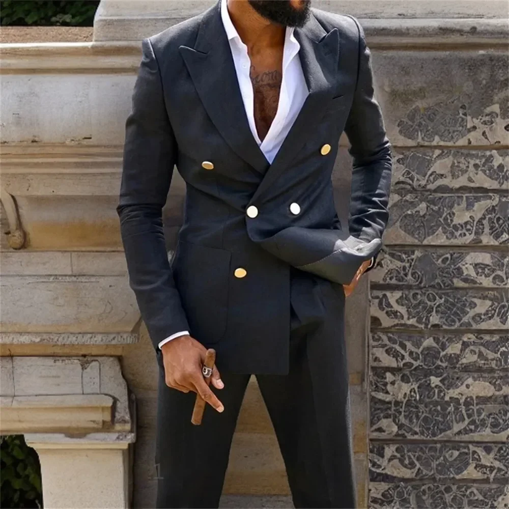 

New Fashion Black Men Suits Elegant Peak Lapel Double Breasted 2 Piece Formal Smart Casual Wedding Slim Fit Blazer with Pants