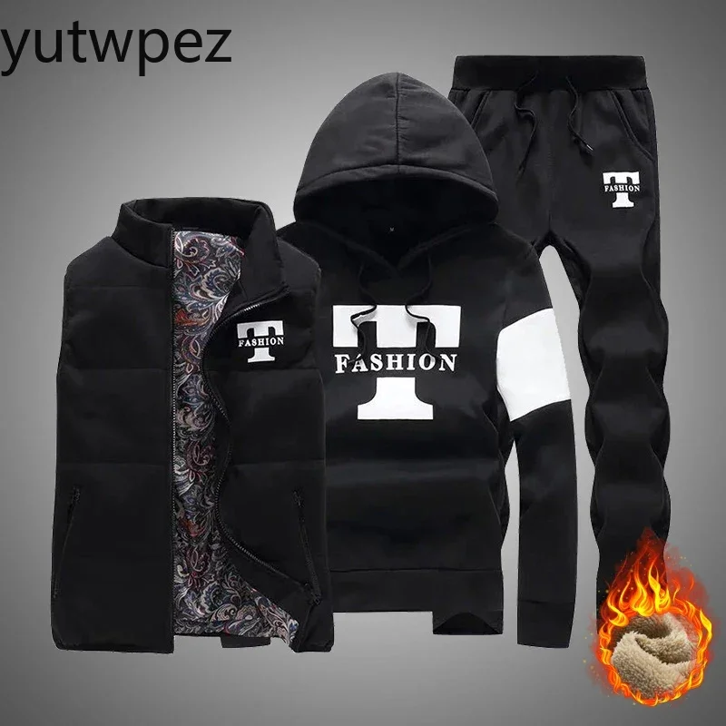 

Outdoor Hiking 3 Pieces Set Hoodies+Vest+Pants Casual Men's Track Suit Coats Winter Thick Warm Tracksuit for Men Printed Vest