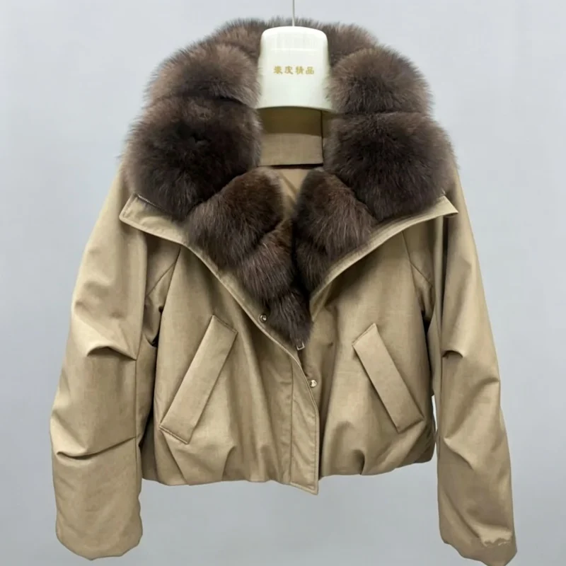 Women's Premium Short Goose Down Jacket With Detachable Natural Fox Fur Collar Autumn Winter Warm Cropped Puffer Coat