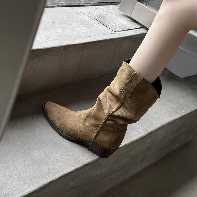2026 New Women's Natural Suede Leather Round Toe Slip-on Autumn Ankle Boots 5cm Thick Med Heel Casual Female Long Boots Shoes