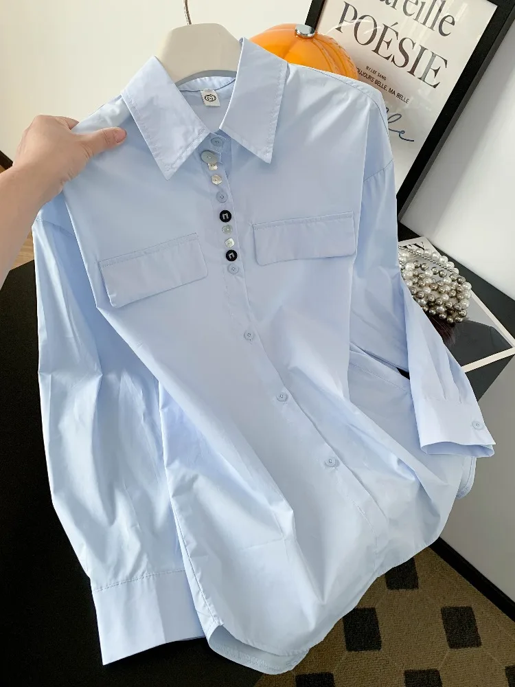 

Женская синяя блузка с длинным рукавом, весенняя коллекция 2026, с воротником, профессиональная, универсальная, приталенная, из полиэстера, цвета Royal Qianer.