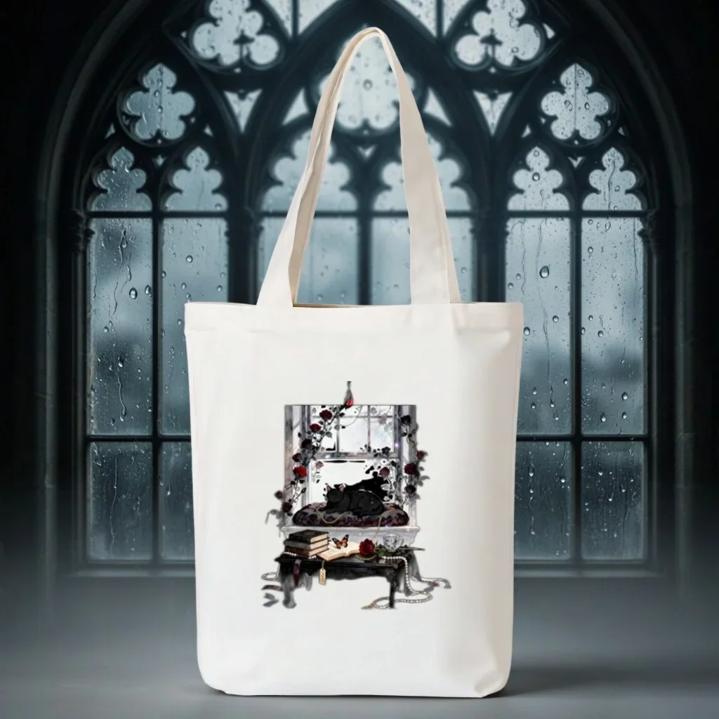 Eco Canvas Tote Bag Dark Academia Bookshelf Black Cat Art Print Single Shoulder Handbag For Grocery