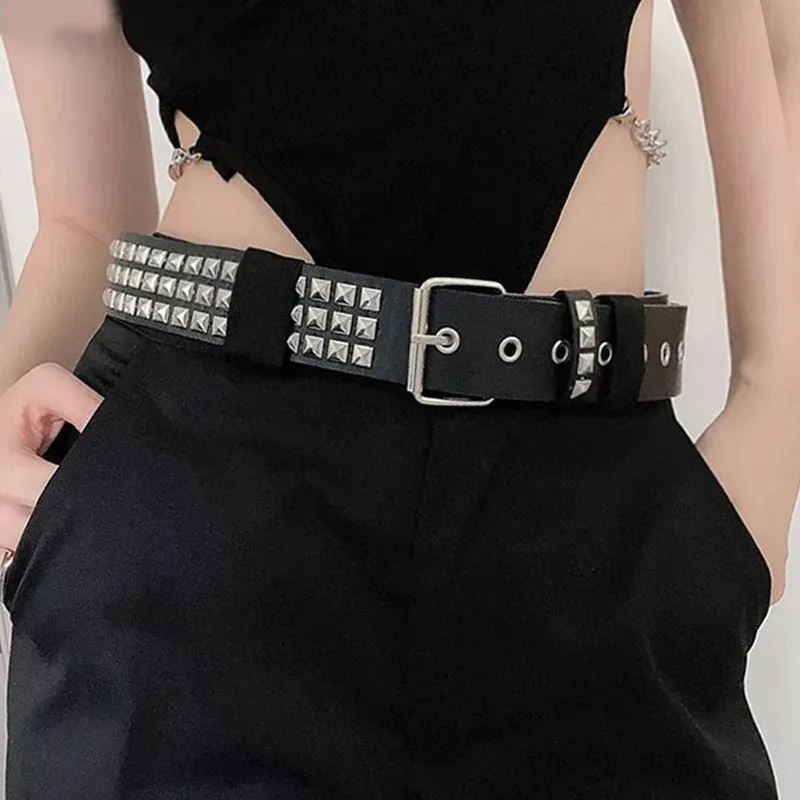 Square Bead Rivet Belt Metal Pyramid Belt Men Women Punk Hardware Jeans Alloy Buckle Bright Rock Studded Leather Waistband Belt