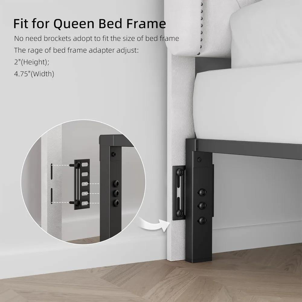 لوح رأسي منجد بحجم كوين مع ارتفاع قابل للتعديل، معنقدة بأزرار، إطار من الخشب الصلب، زخرفة رأس الأظافر، متين وأنيق