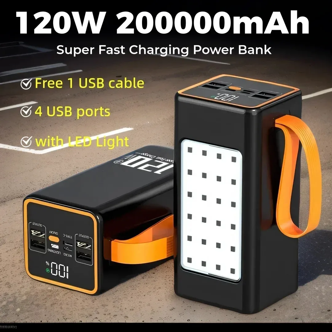 Banque d'alimentation à charge super rapide, chargeur de batterie externe portable, lumière LED, iPhone, Xiaomi, ordinateur portable, nouveau, 120W, 200000mAh