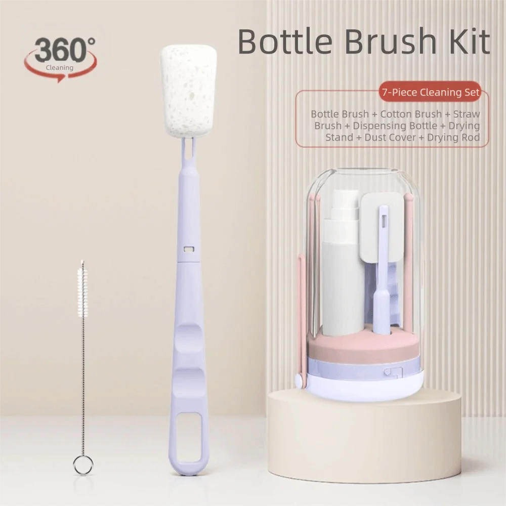 

Soft Head Brush 7 in 1 Bottle Brush Kit Vertical Drying Rack Cotton Brush Baby Bottle Cleaner Dust Cover Straw Brush
