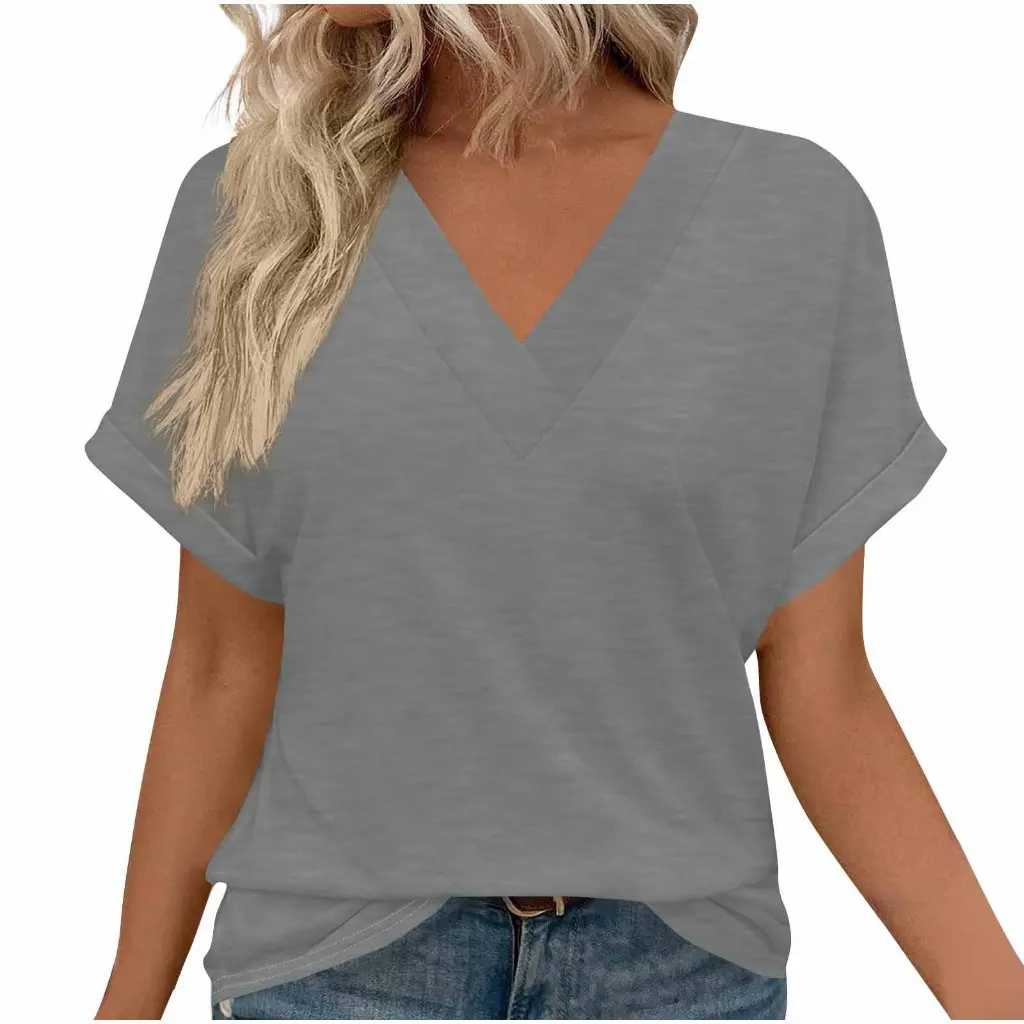 

Women's Loose V-neck Short-Sleeved T-shirt plus Size Solid Color Spring Summer Independent Station European American Style