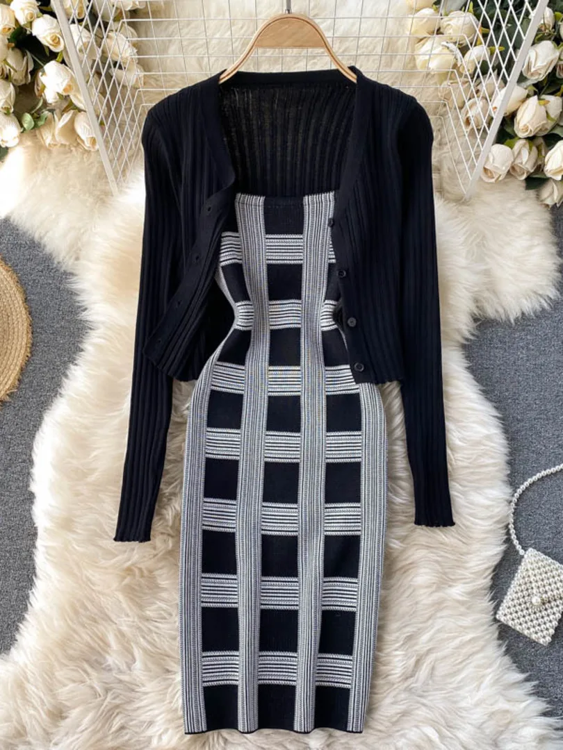 Women knit two piece set plaid print spaghetti strap bodycon mini dress and long sleeve knit cardigan suits womens clothing sets