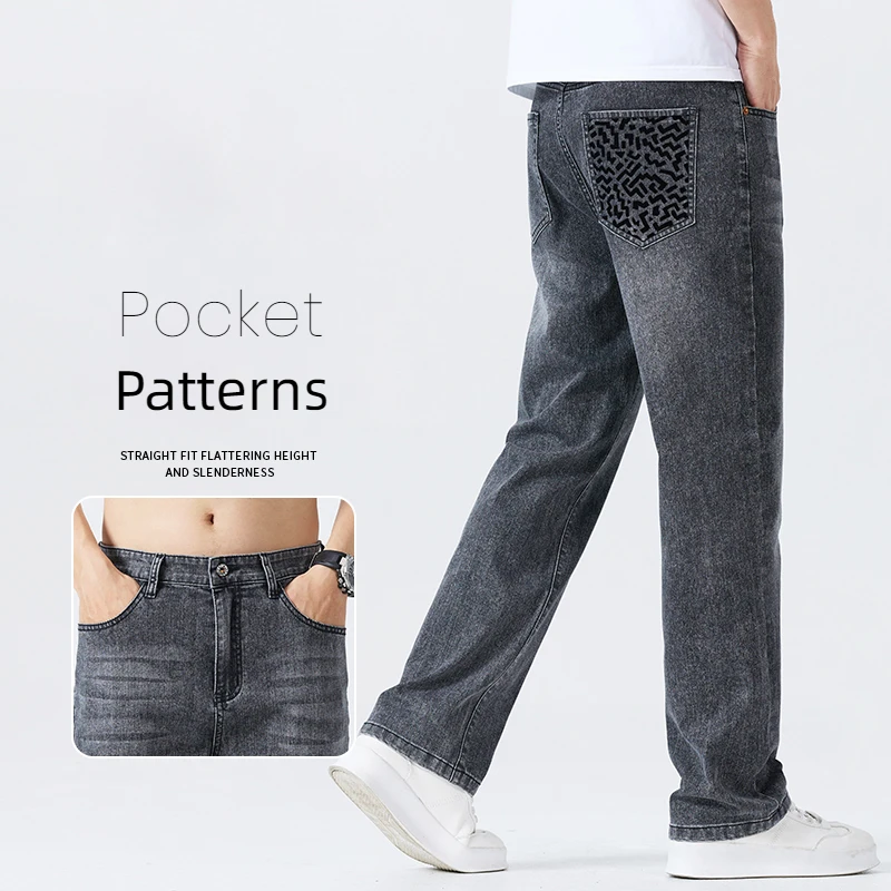 

Мужские модные джинсы с карманами и принтом, летние ультратонкие дышащие прямые свободные брюки, удобные мужские джинсовые брюки