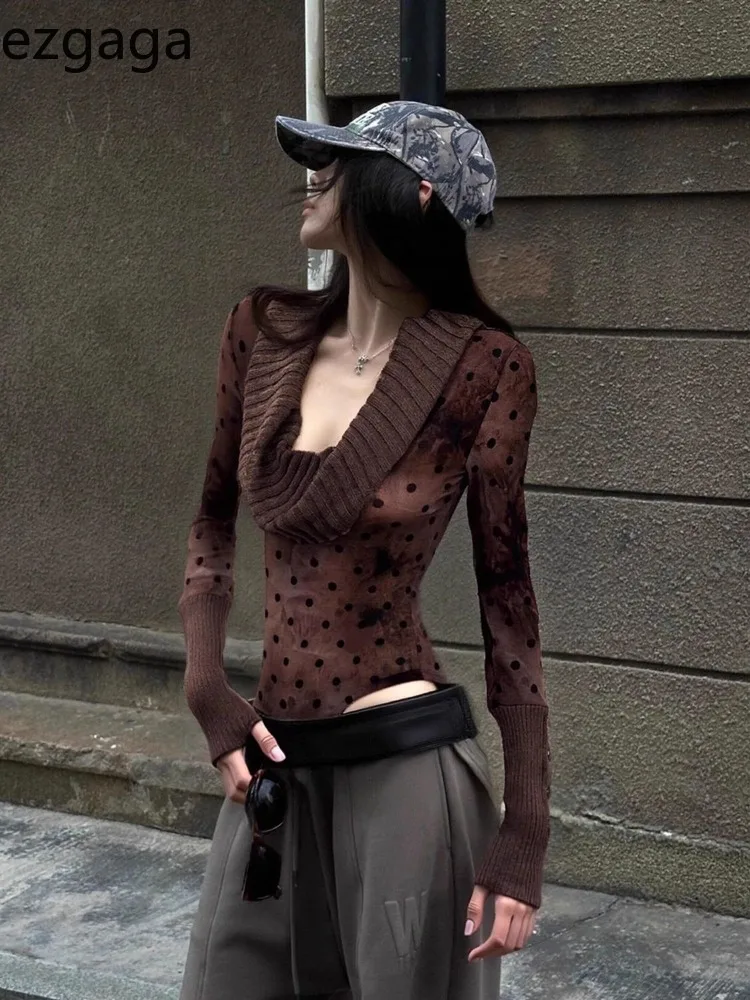 

Ezgaga футболки женские водолазки в горошек с длинным рукавом весна осень модные тонкие Y2k Harajuku сексуальные женские повседневные вязаные топы