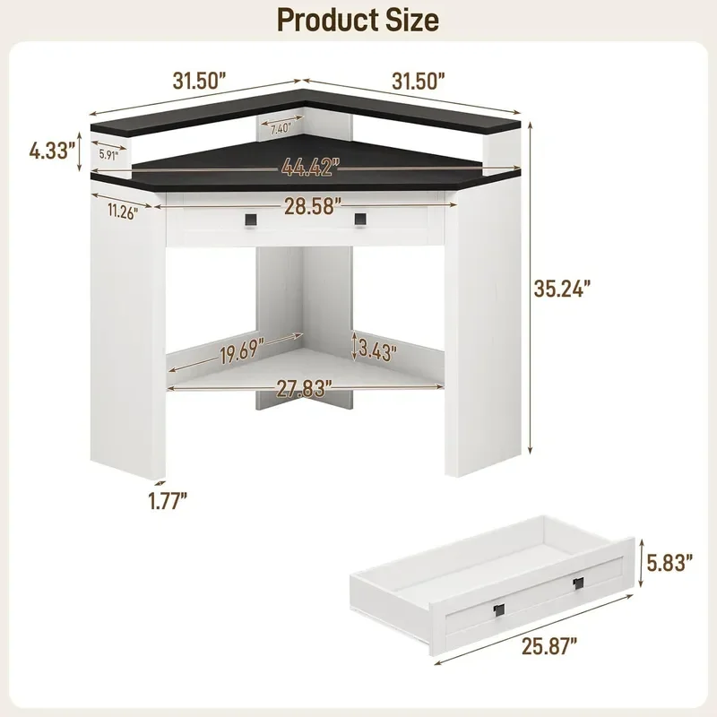 Triangle Corner Computer Desk with Drawers Monitor Shelf Compact Home Office Workstation for Small Spaces