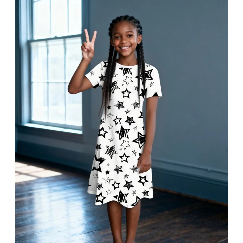 Girl's Fashion Short-Sleeve Skirt with Five-Pointed Star Design 2026 Hot Selling Trendy Star Dress for Girls
