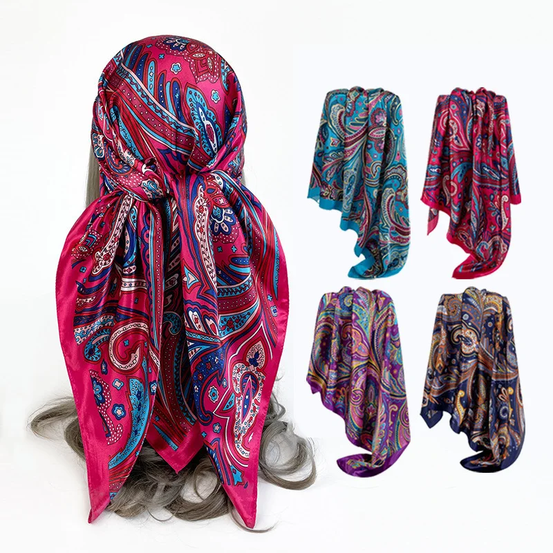 

Classic Square Scarf Headscarf 90cm Satin Paisley Cashew Flower Scarf Trend Shawl Scarf Versatile Travel Accessory Square Scarf