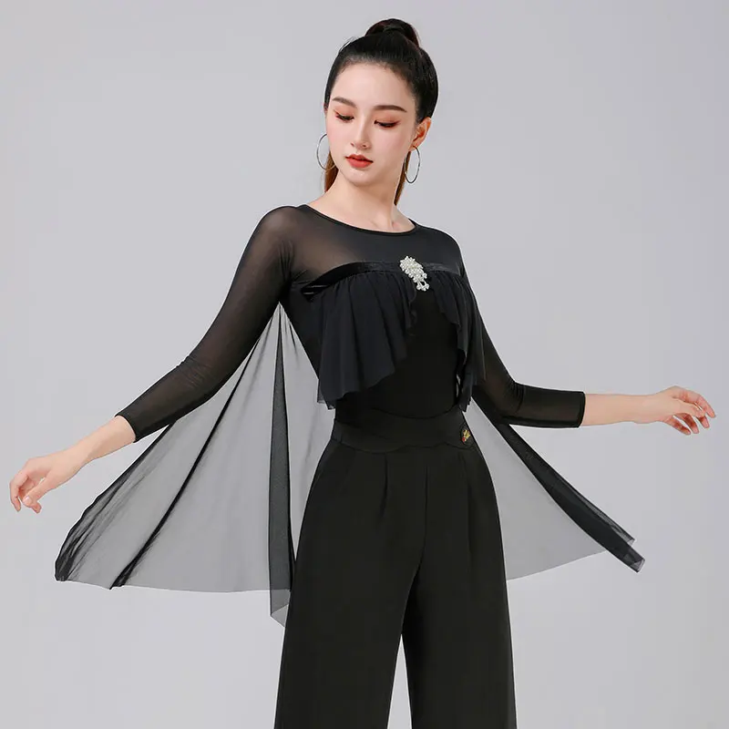 Doubl Moden Dance Blouse New Women's Net Gauze Flanged After Floating Long Sleeve Ballroom Dance Dress