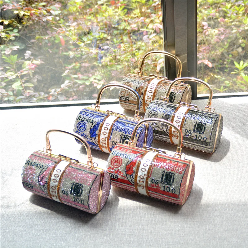 2025 Luxury Full Diamonds Dollar Stack Cash Evening Handbags Women Rhinestone Wedding Party Clutch Bag Metal Chain Shoulder Bag
