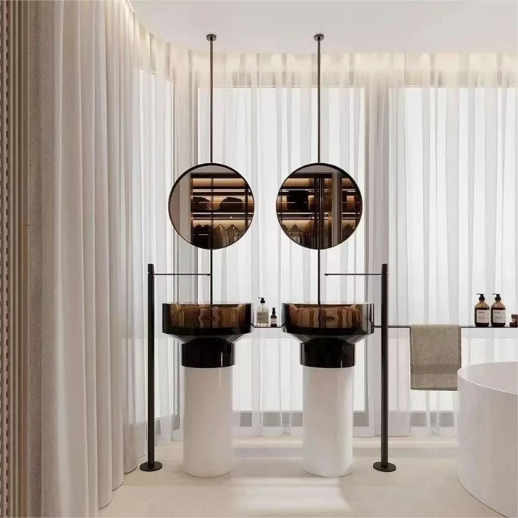Luxury Crystal Customized Transparent Tea Color Clear Resin Artificial Stone Standalone Bathroom Wash Basin Pedestal Sink