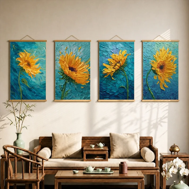 Wall Art Textured Golden Sunflowers, Expressive Floral Pearlescent Canvas Hanging Scroll with Wooden Rods for Living Room