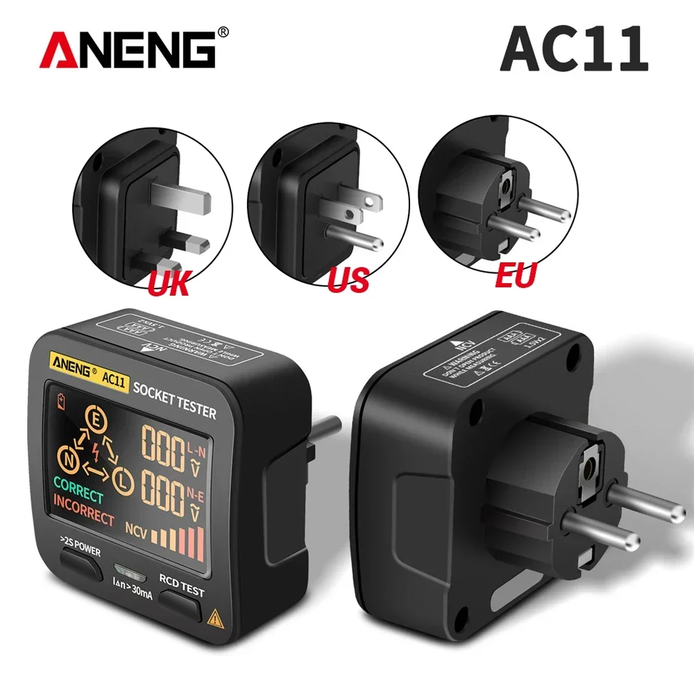 

ANENG AC11 Socket Voltage Detector Test Ground Zero Line Phase Check Rcd NCV Test Digital Smart Socket Tester EU Plug