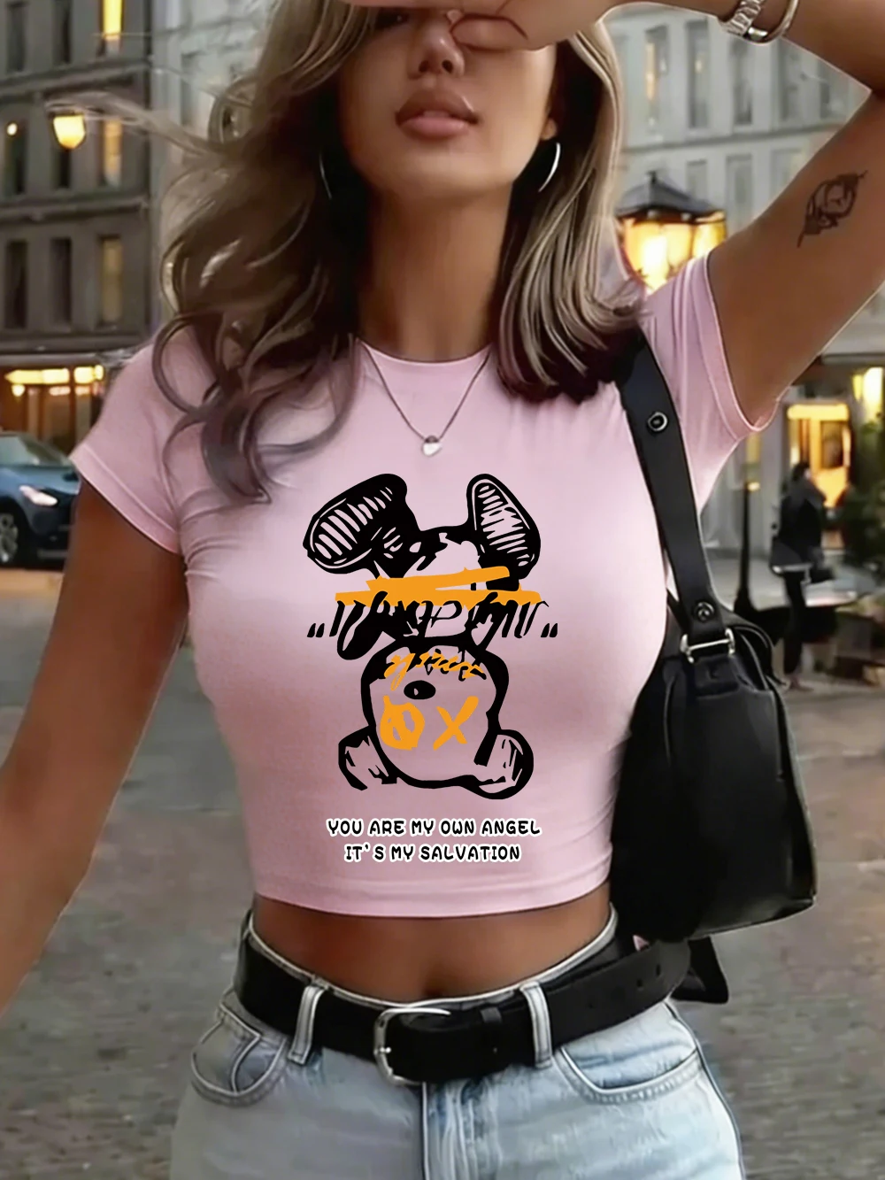 You Are My Angel Cartoon Bear Prints Damen-Crop-Tops für den Sommer, O-Ausschnitt, schmale T-Shirts, hochelastische Kurzarm-T-Shirts, sexy, weiche Kleidung