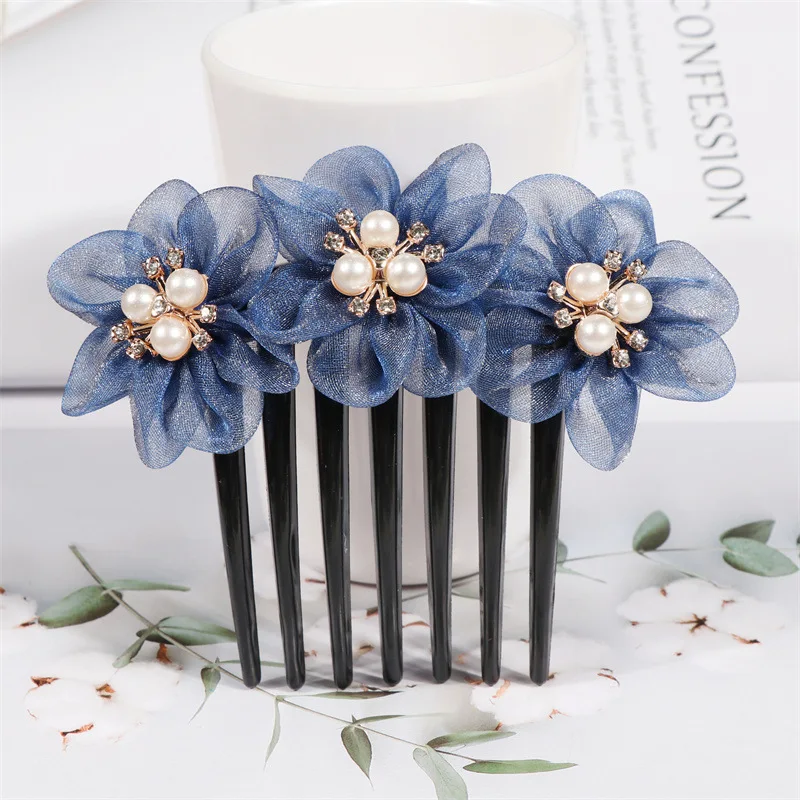 Fashion Flower Inserted Comb Hair Accessories for Women Retro Elegant Silk Seven Tooth Hairpin Headwear Mom's Jewelry Tiara Gift