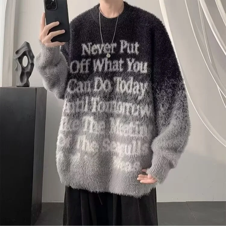 

American Sle adient Color Knitted Sweater Men's Faion Loose Lazy Sle Autumn Winter Clothes with Letter Embroidery