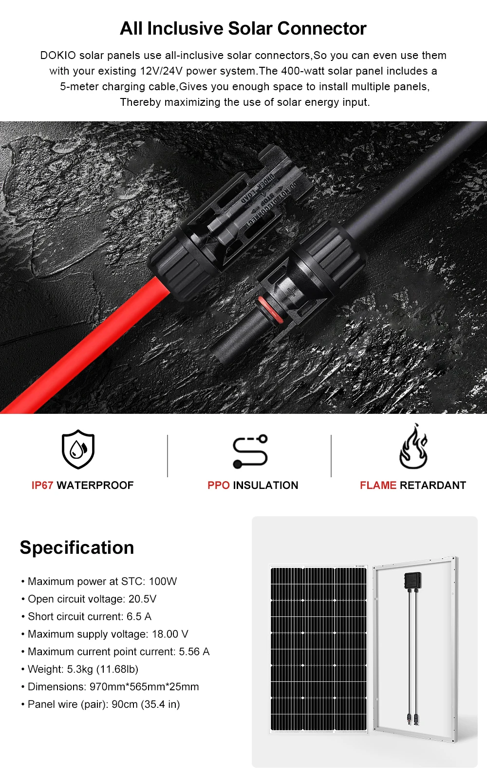 DOKIO Solarpanel 100 W Photovoltaik-Panels 200 W Paneles Solares 18 V Solarpanel für Camping/Powerbank/12 V Batterie/Camper-Van – Detail 4
