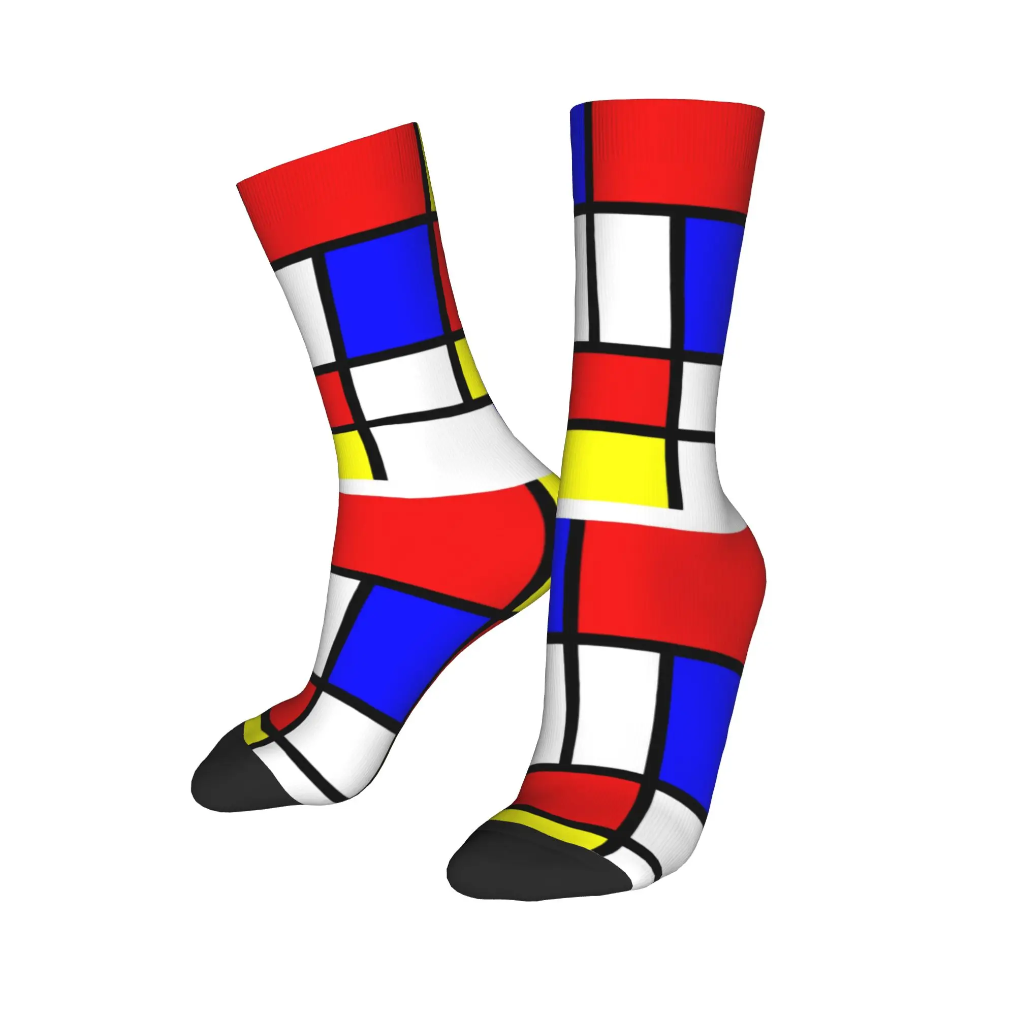 Custom Novelty Printed Mondrian Red Yellow Blue Abstract Socks for Men Women Stretch Autumn Winter Geometric Modern Crew Socks