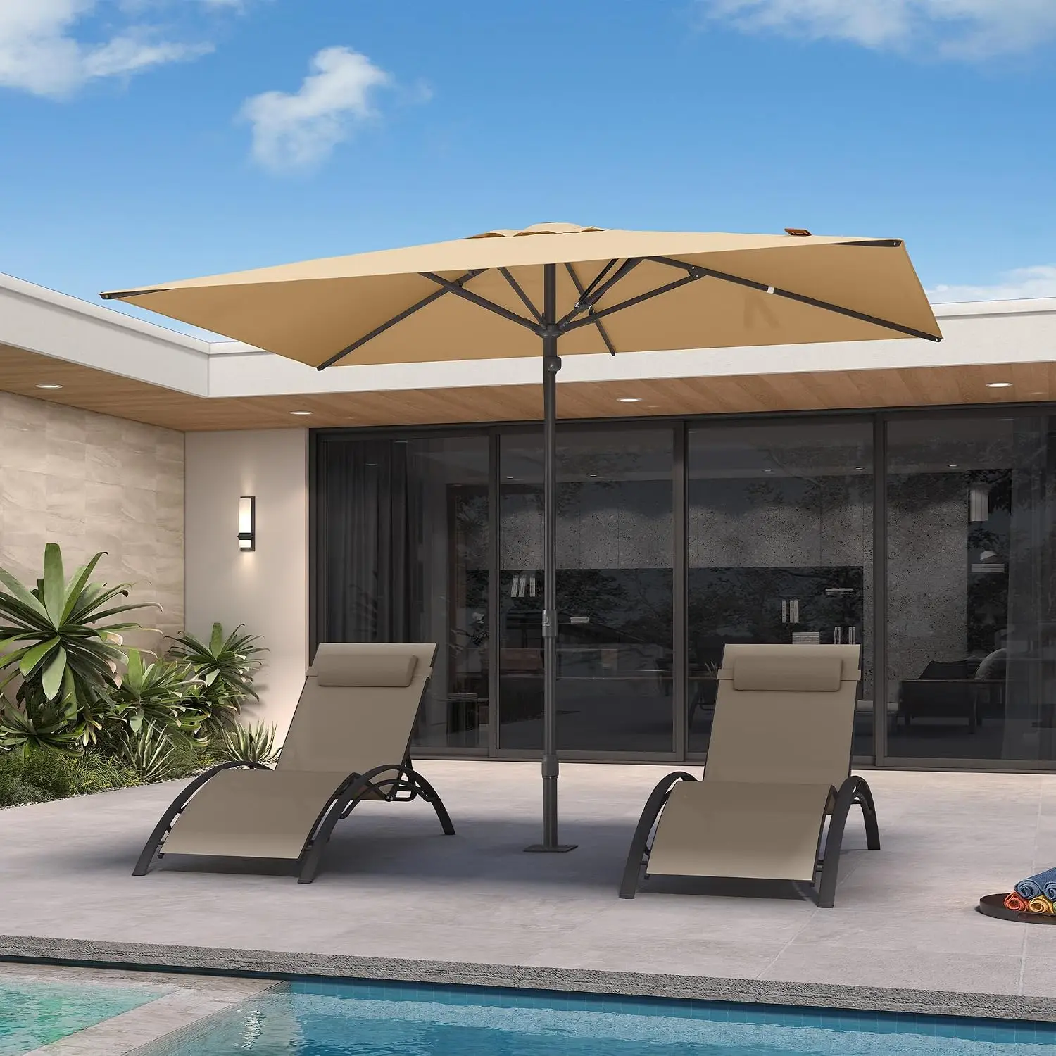 Patio Market Umbrella 6.5' x 10' Upgrade Fabric Beige Outdoor | One-Pull Open Instant Shade, 25% Wider Sturdy Pole, Customized