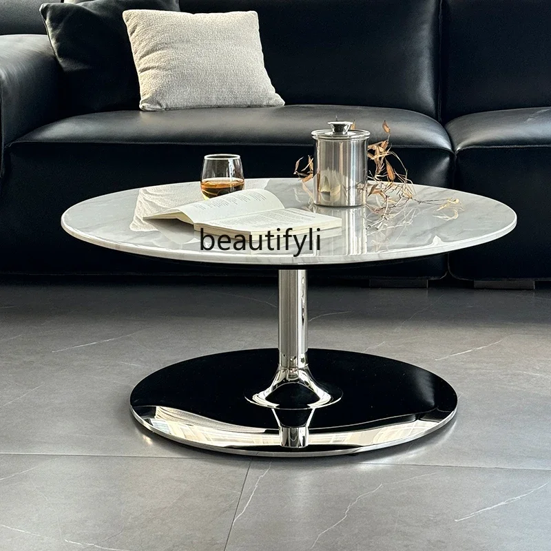 

yj7 Coffee table natural marble edge stainless steel round light luxury tea table