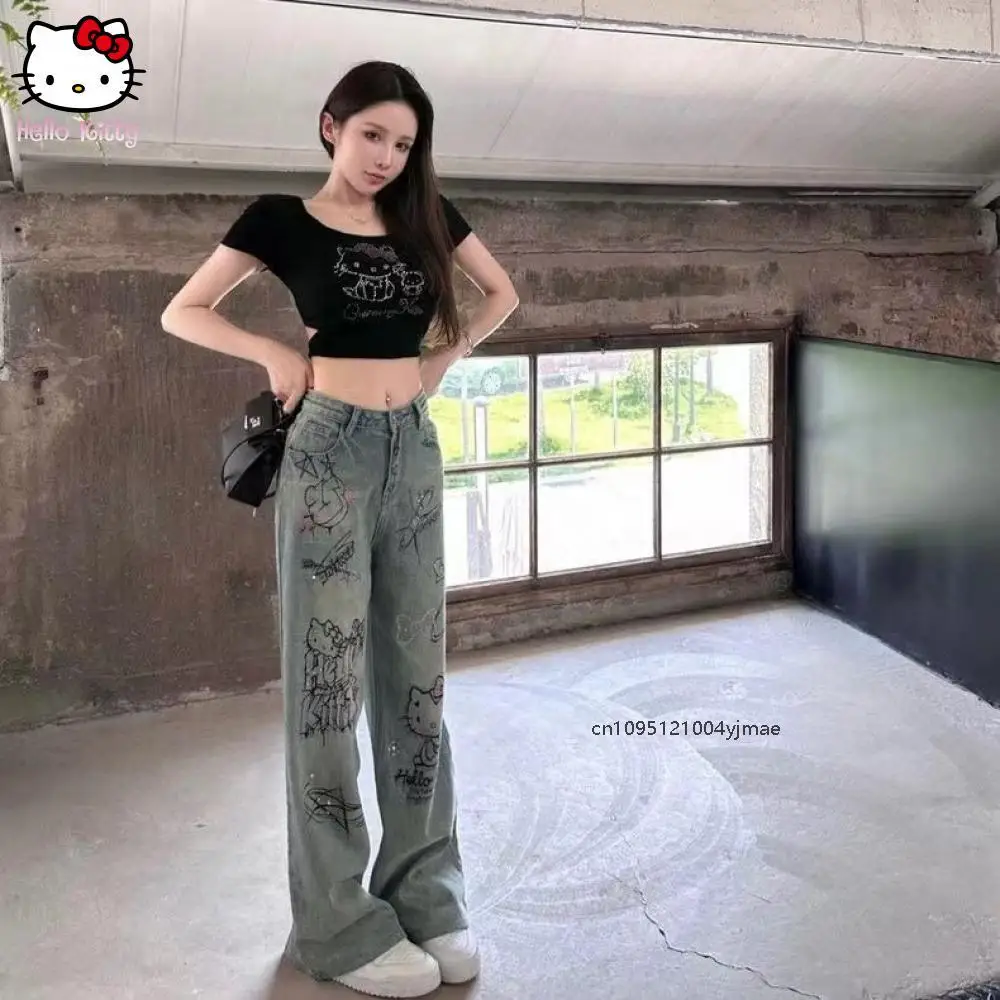 Y2k sanrio hello kitty jeans dos desenhos animados calças compridas anime calças de perna reta bonito retro cintura alta jeans doce meninas estudante