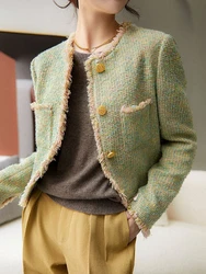 Zoki Chic Tassel Green Tweed Jackets Women Elegant Long Sleeve Korean Casual Short Coat Fashion High Quality Sweet Outwear Tops