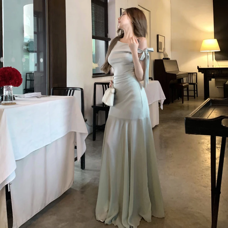 النمط الفرنسي الأخضر خارج الكتف فستان طويل المرأة شاطئ البحر عطلة شبكة المرقعة فساتين ماكسي