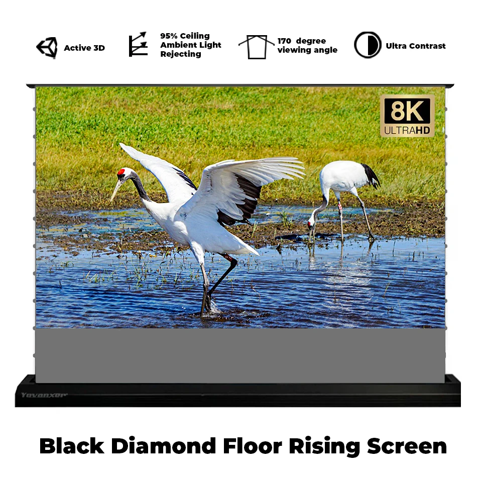 

72 Inch ALR Electric Tab Tension Black Diamond Motorized Floor Rising Projection Screen Ambient Light Rejecting Rollable 3D 8K