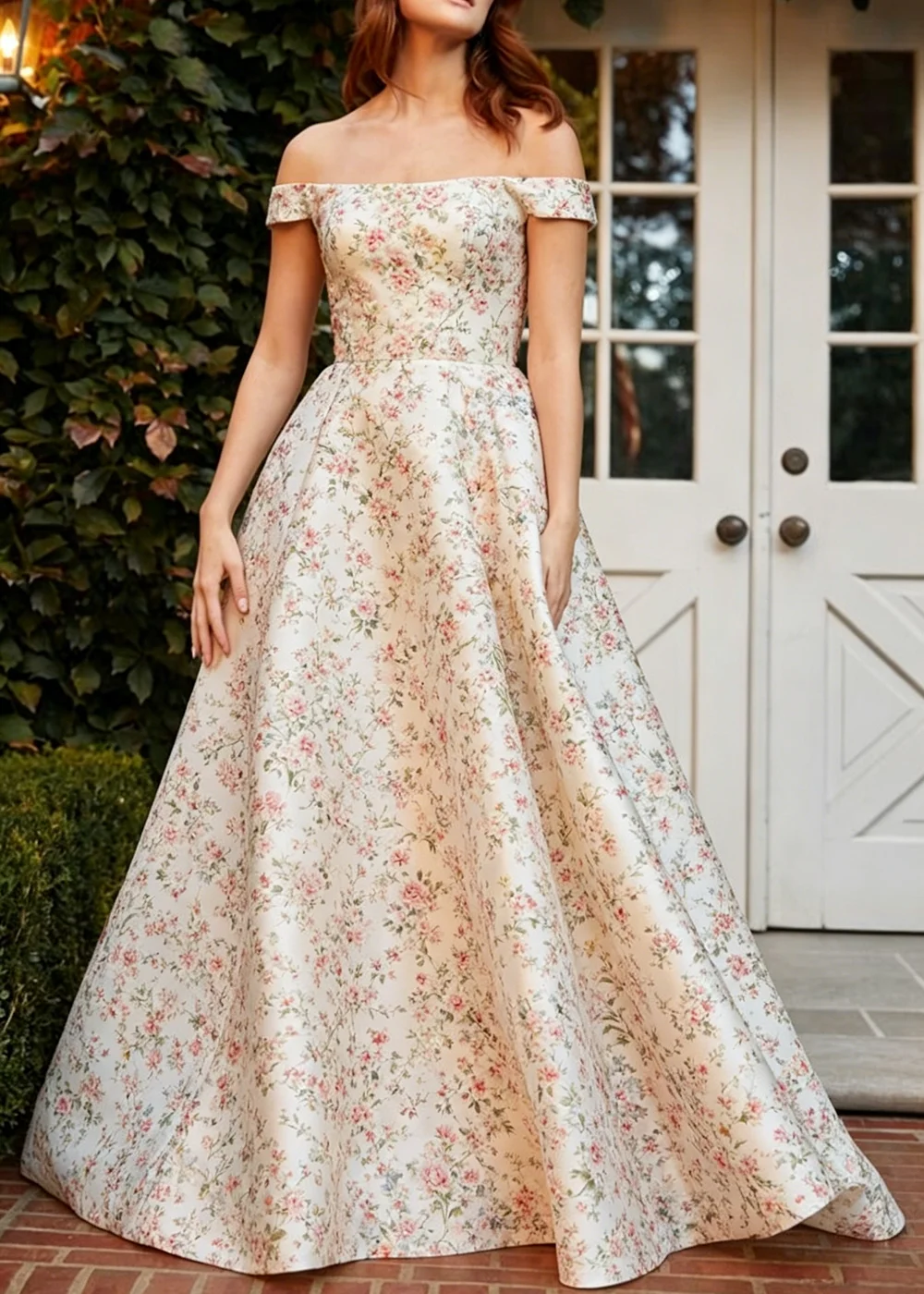

Women's Sexy Off Shoulder Floral Print Maxi Dress Vintage A Line High Waist Long Formal Dress Wedding Guest Prom Party Gown