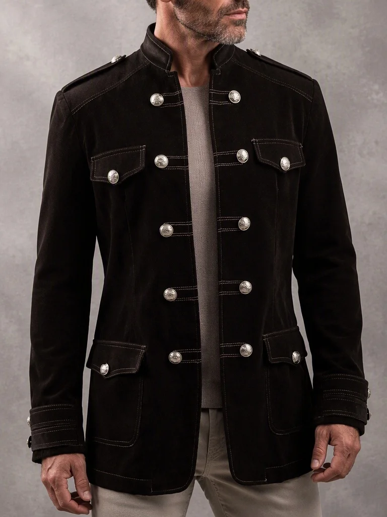 Men's Vintage Velvet Military Style Jacket Stand Collar Double‑Breasted Gold Buttons Multi‑Pocket Slim Long Sleeve Casual Coat