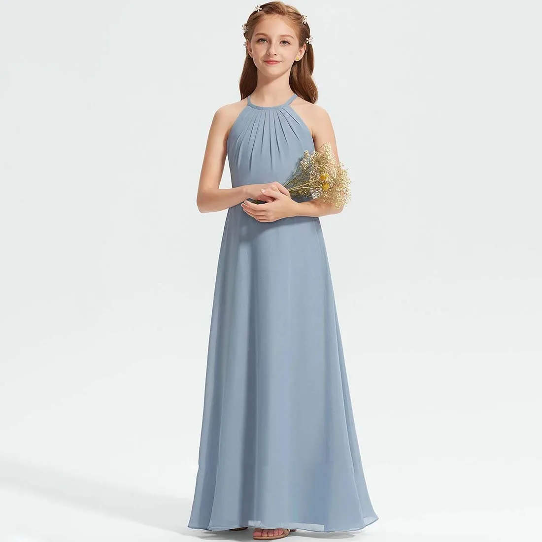 YZYmanualroom Chiffon Junior Bridesmaid Dress A-line Halter Floor-Length 2-15T